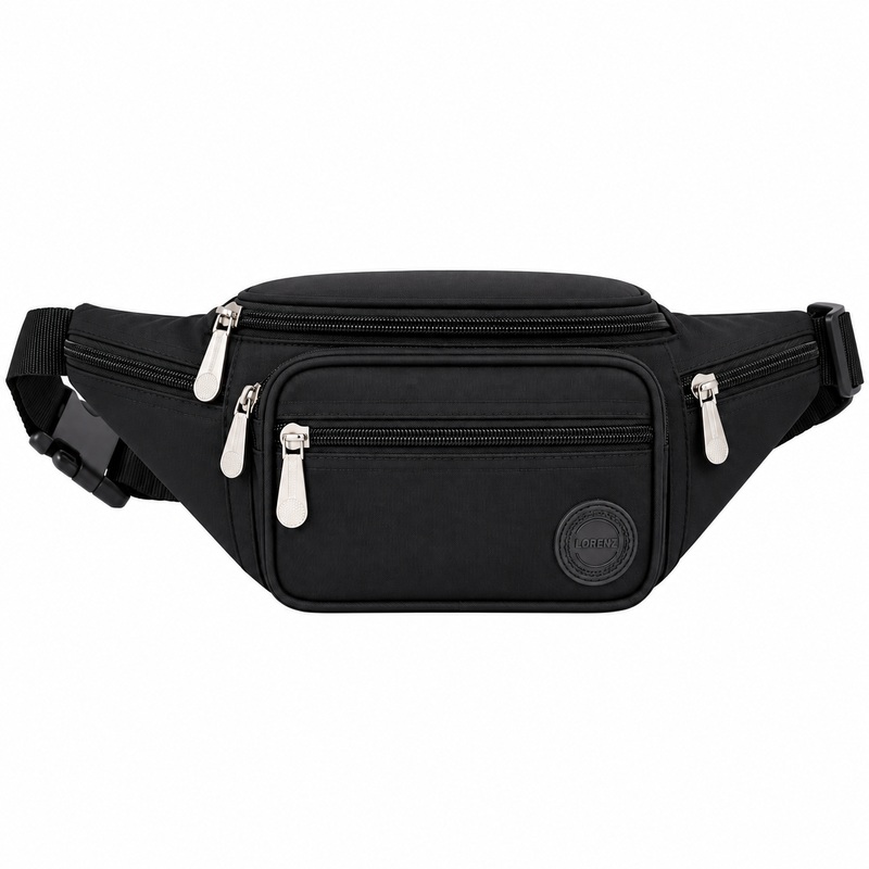 2522 Black Crinckled Nylon Bumbag W/6 Pockets (New) (image for) 2522 Black Crinckled Nylon Bumbag W/6 Pockets (New)